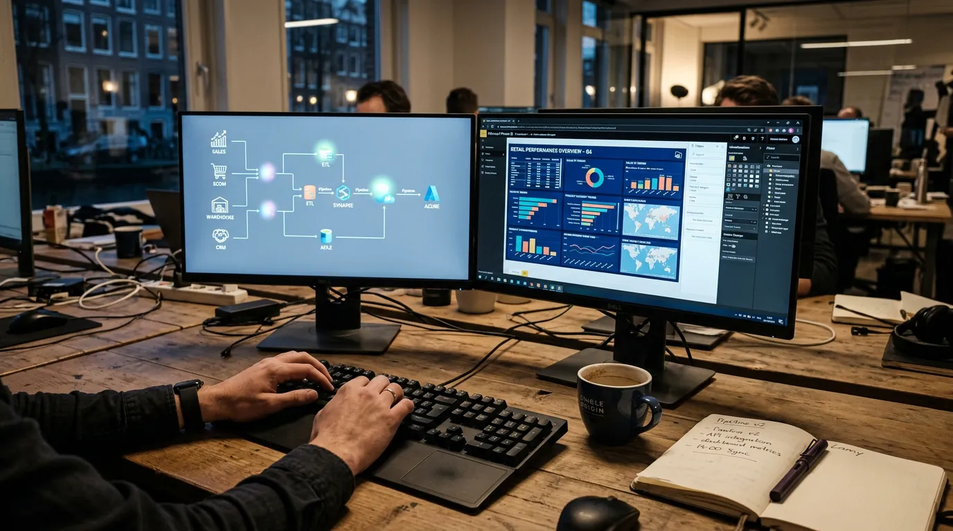Developer works on retail business intelligence Power BI dashboard and retail data pipeline diagram across dual monitors