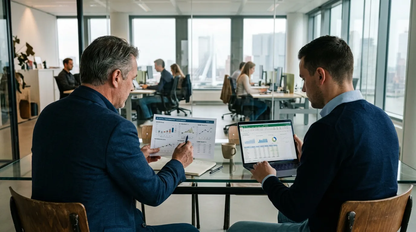 Retail executives discuss printed comparison charts and retail business intelligence dashboard on laptop during office meeting