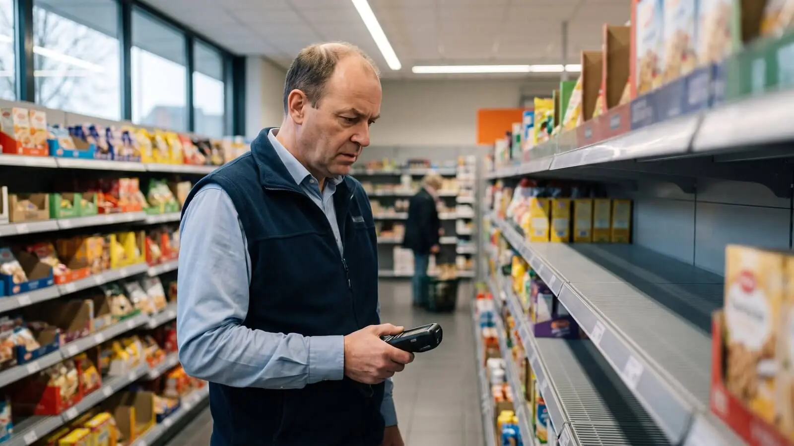 Store manager with a handheld scanner next to empty supermarket shelves