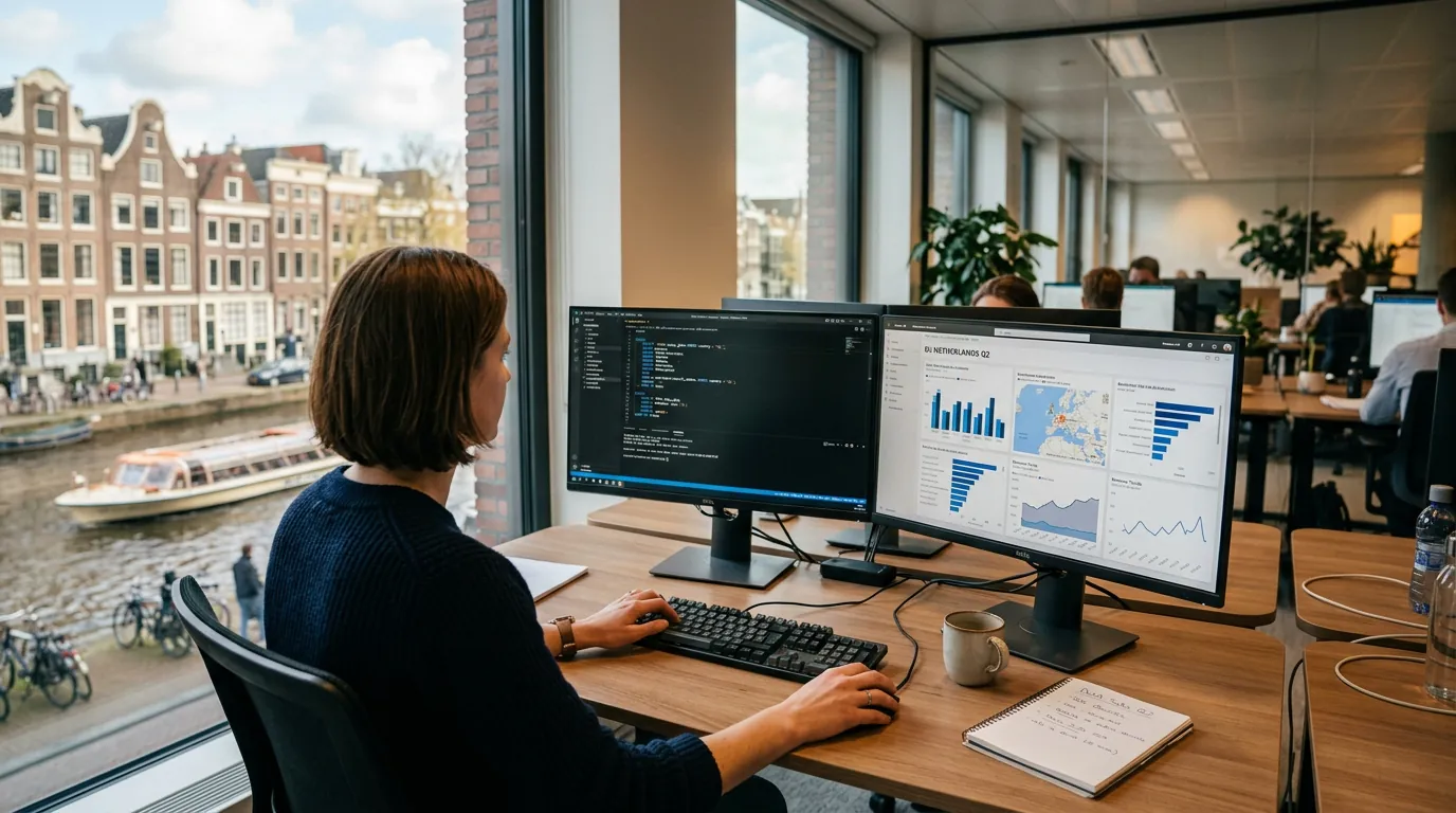Data analyst workstation displaying SQL queries for business intelligence editor and Power BI dashboard on dual monitors in modern Amsterdam office