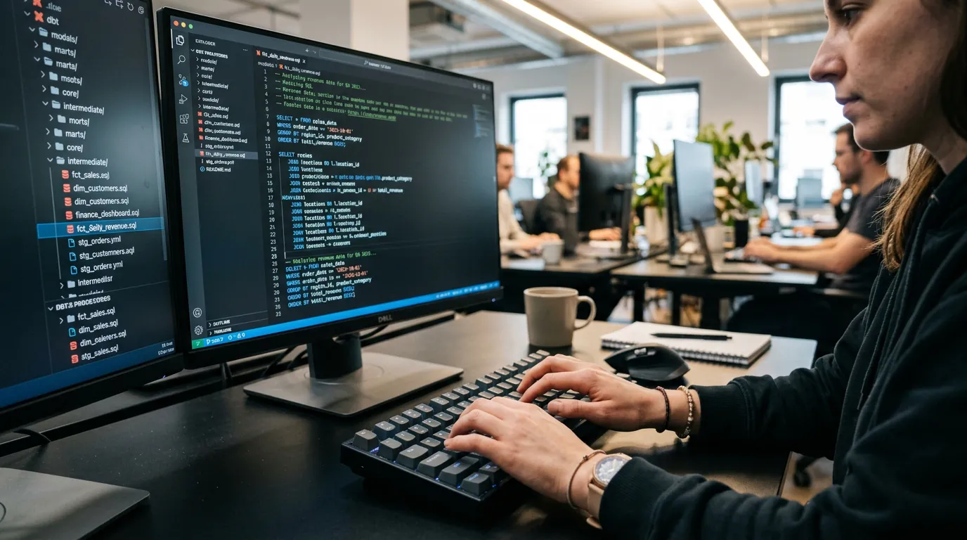 Ontwikkelaar typt SQL-query's voor business intelligence op toetsenbord met dbt-projectbestandsstructuur zichtbaar op tweede monitor in open kantoor