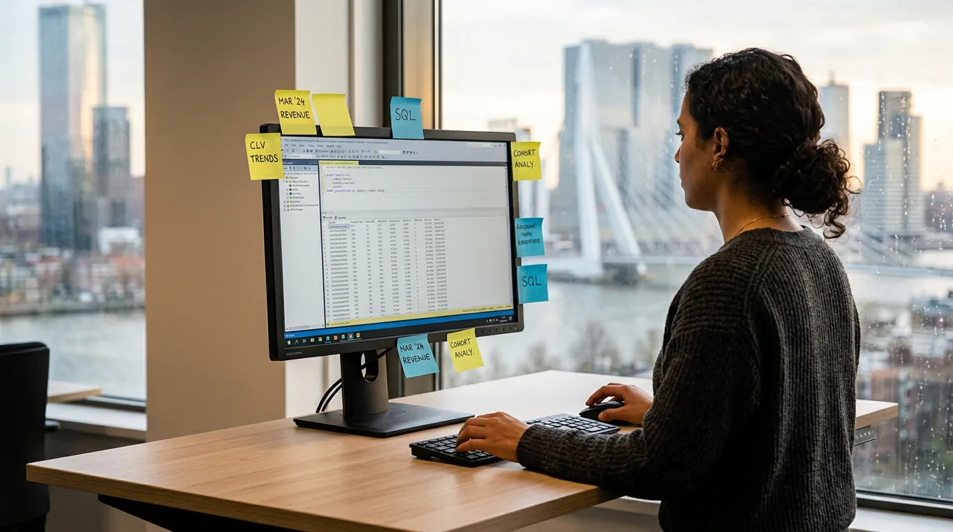 BI-analist bekijkt resultatenset van SQL-query's voor business intelligence op groot scherm met KPI-plaknotities en stadsgezicht