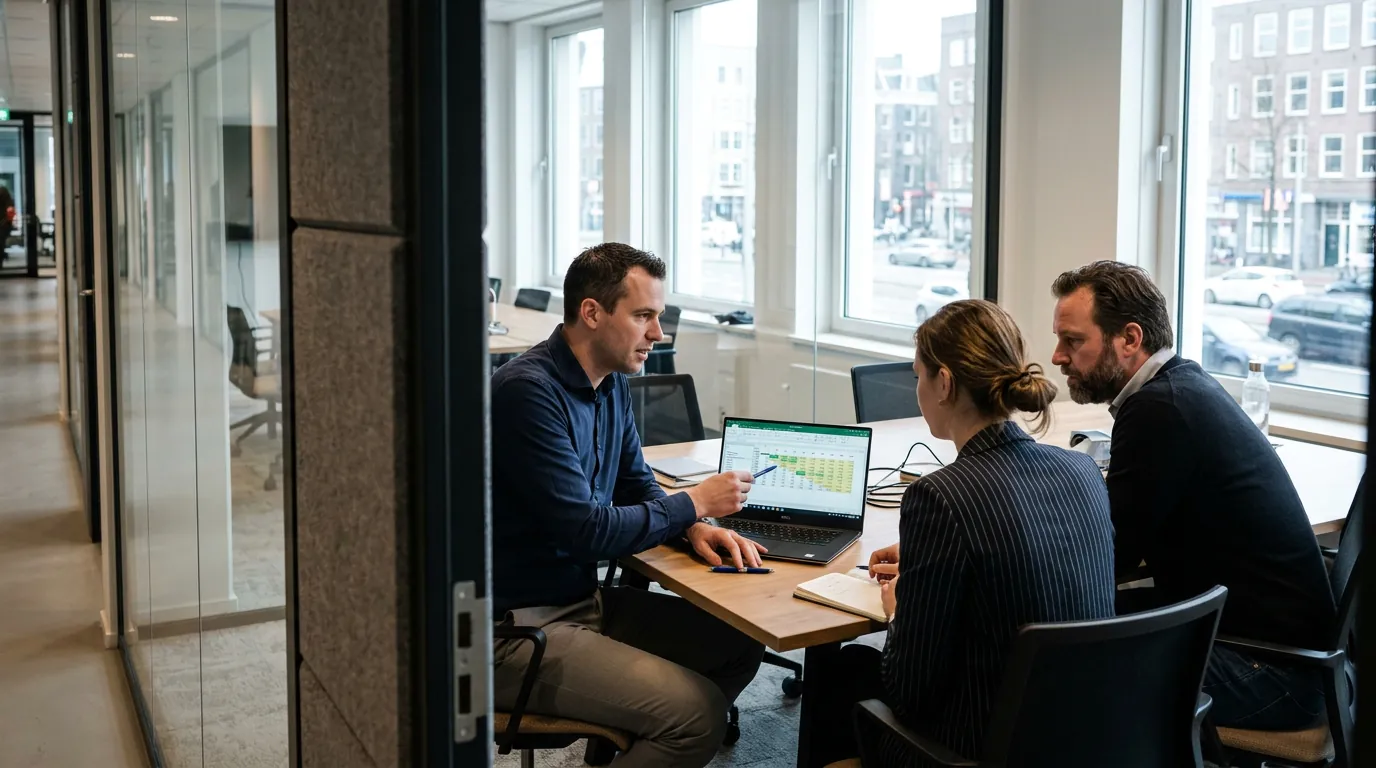 Benelux-bedrijfsanalist presenteert cohortretentietabel van SQL-query's voor business intelligence op laptop aan collega's in vergaderruimte