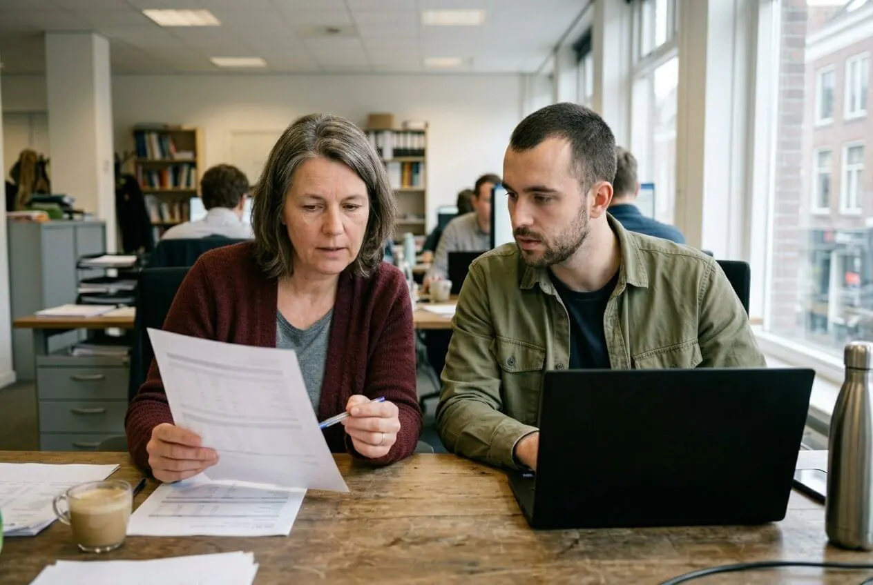 A finance controller holding a printed report and an analyst at a laptop compare two results at one desk