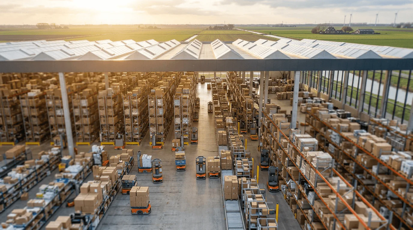 Supply Chain 4.0 - Wide aerial shot of a modern automated distribution center in a flat Dutch polder landscape, auton...