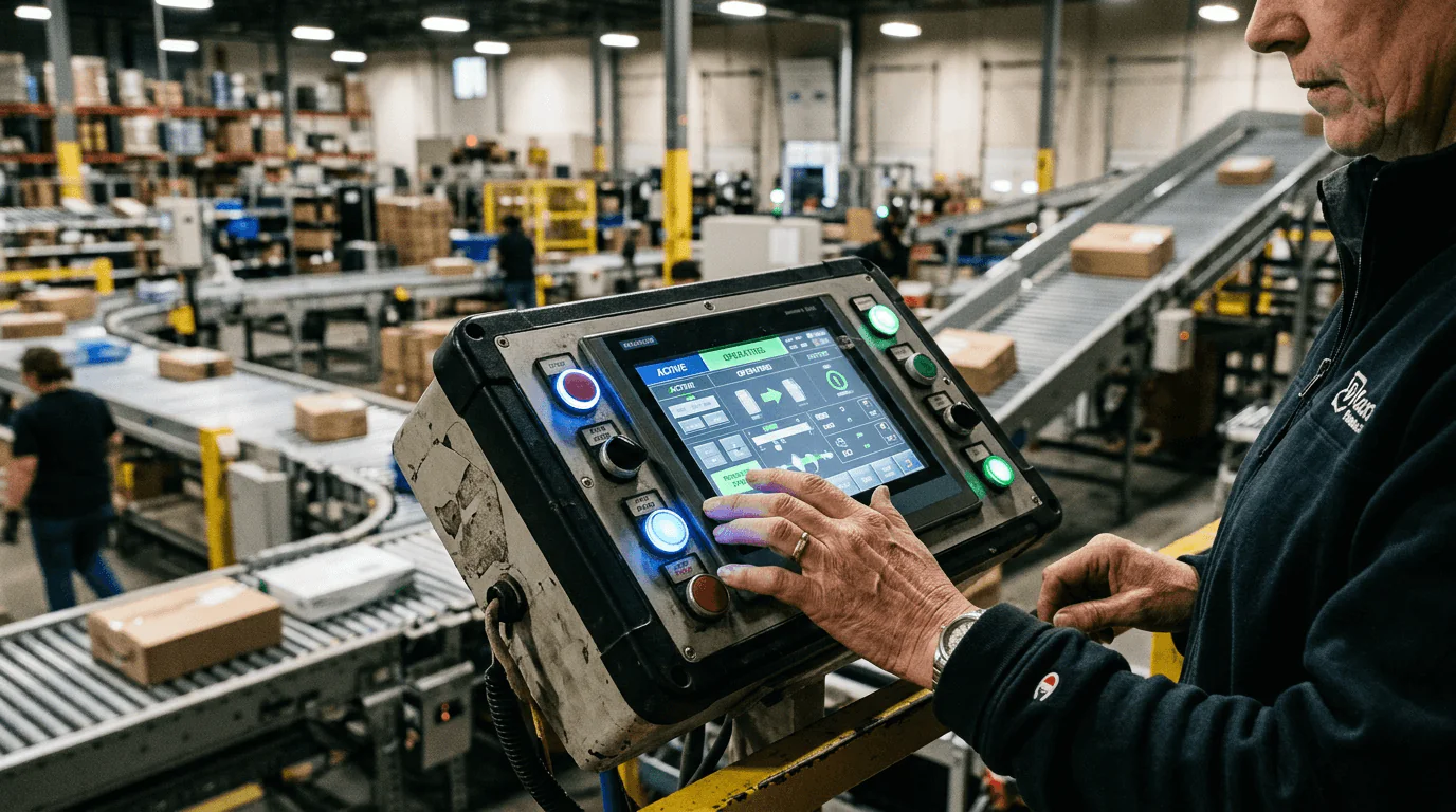 Supply Chain 4.0 - Close-up of a logistics coordinator's hands operating a digital control panel in a distribution ce...