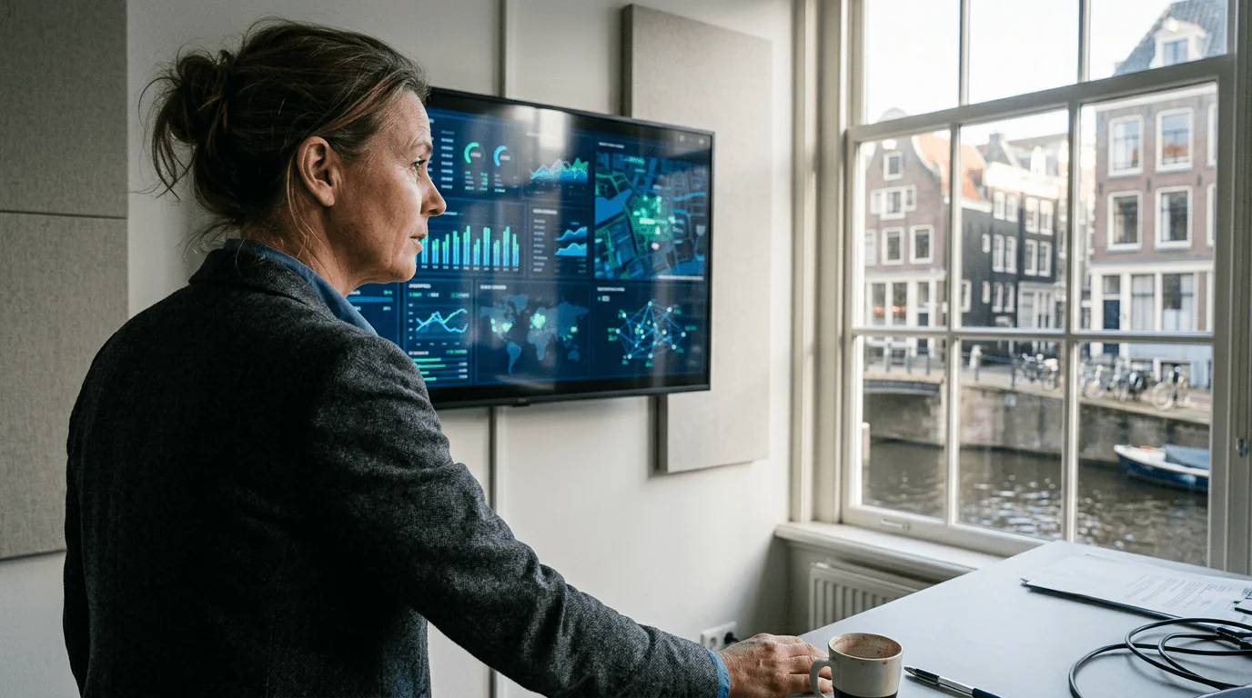 Supply Chain 4.0 - Over-the-shoulder view of a supply chain manager studying a wall-mounted monitor displaying real-t...