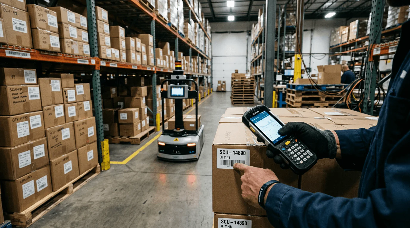Supply Chain 4.0 - Hands of a warehouse worker scanning a barcode on a pallet with a handheld device, automated guide...