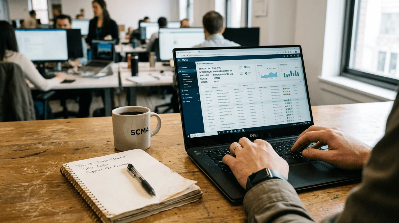 Supply Chain 4.0 - Tight shot of a laptop screen displaying a master data management interface with product codes and...