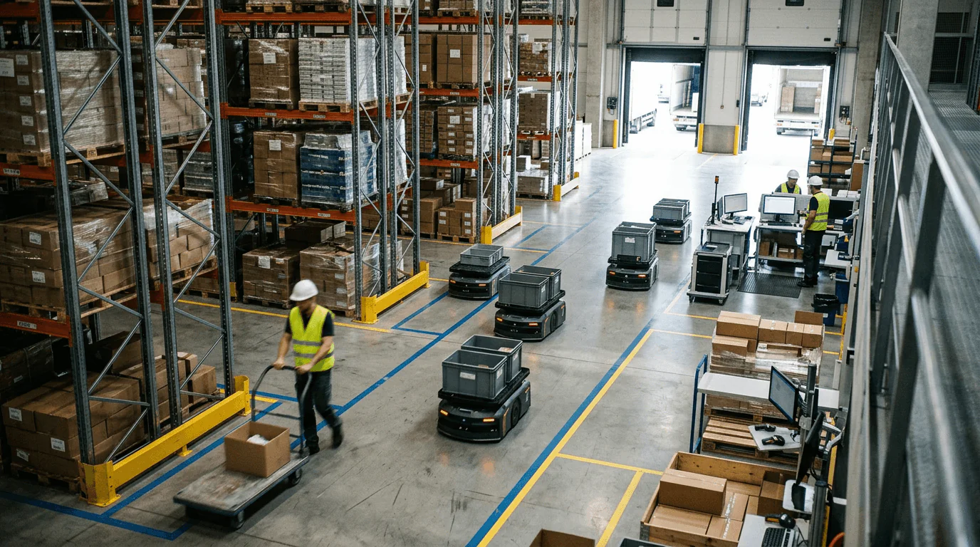 Supply Chain 4.0 - Wide shot from a mezzanine level looking down onto a warehouse floor where autonomous mobile robot...