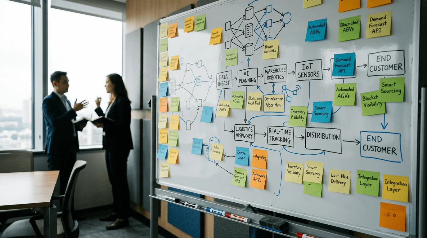 Supply Chain 4.0 - Close-up of a whiteboard in a meeting room covered with sticky notes and process flow diagrams, ma...