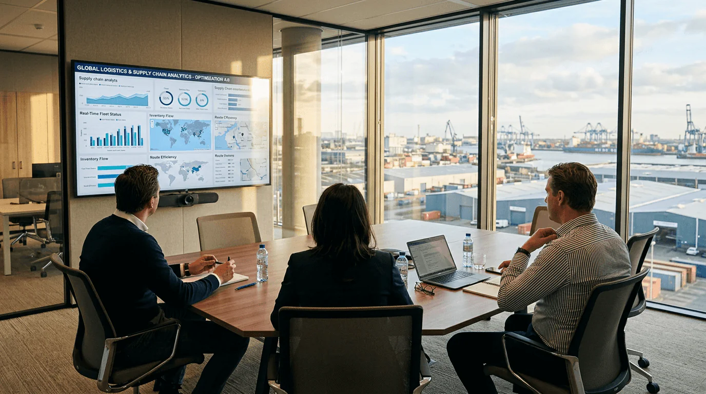Supply Chain 4.0 - Wide shot of a modern meeting room with a large screen showing supply chain analytics, three peopl...